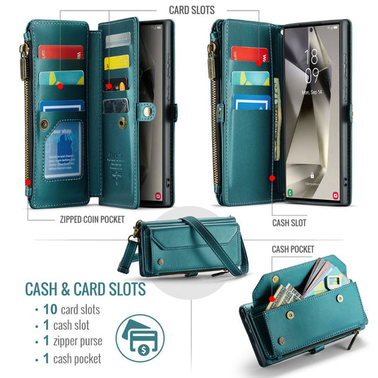 [With Card Slot] Samsung Galaxy S24/Plus/Ultra - Women Crossbody PU Leather Zipper Wallet Series Stand Case with Lanyard