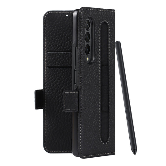 [With Pen Slot][With Card Slot] Samsung Galaxy Fold 4 (SM-F936) - Business Drop Proof Genuine Leather Wallet Series Stand Case