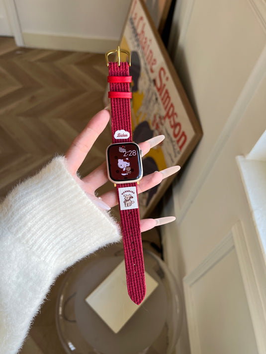 Apple Watch Series 1/2/3/4/5/6/SE/7/8/9/10/Ultra - Waffle Pattern Cartoon Animal Logo Leather Watch Band