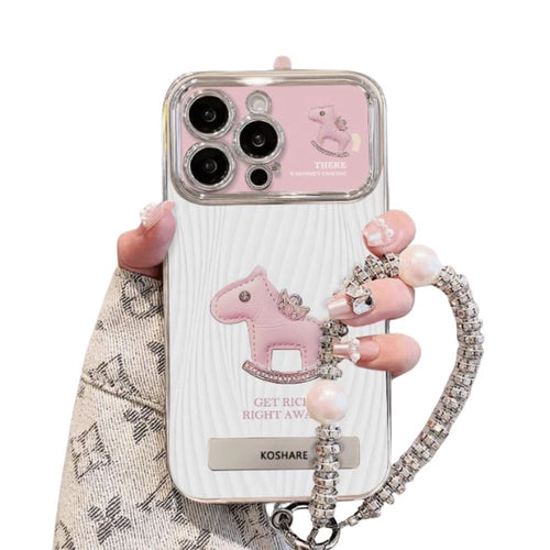 Apple iPhone 16/Plus/Pro/Max - Pink Pony Electroplated Lens Frame Hidden Stand Fashion-Forward Series Case With Sequin Bead Bracelet