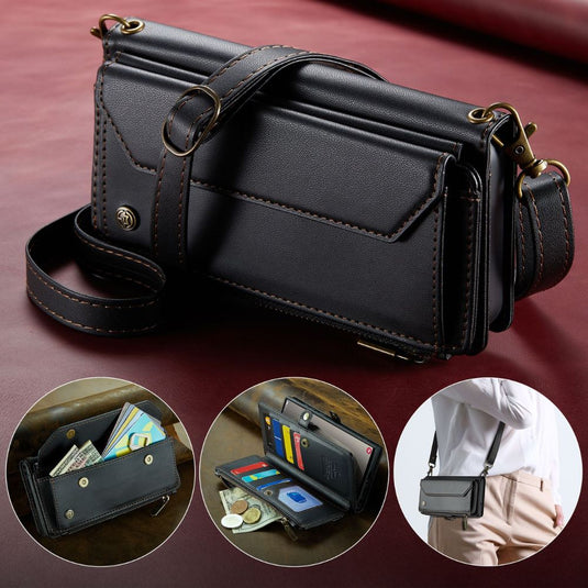 [With Card Slot] Samsung Galaxy S24/Plus/Ultra - Women Crossbody PU Leather Zipper Wallet Series Stand Case with Lanyard