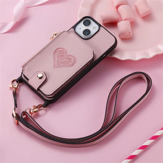 [With Card Slot][Car Magsafe Compatible] Apple iPhone 11/Pro/Max - Women Crossbody Zip Leather Wallet With Lanyard Drop proof Case