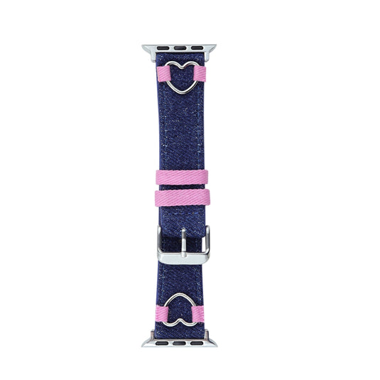 Apple Watch Series 1/2/3/4/5/6/SE/7/8/9/10/Ultra - Fashion Color-blocked Heart Canvas Denim Band