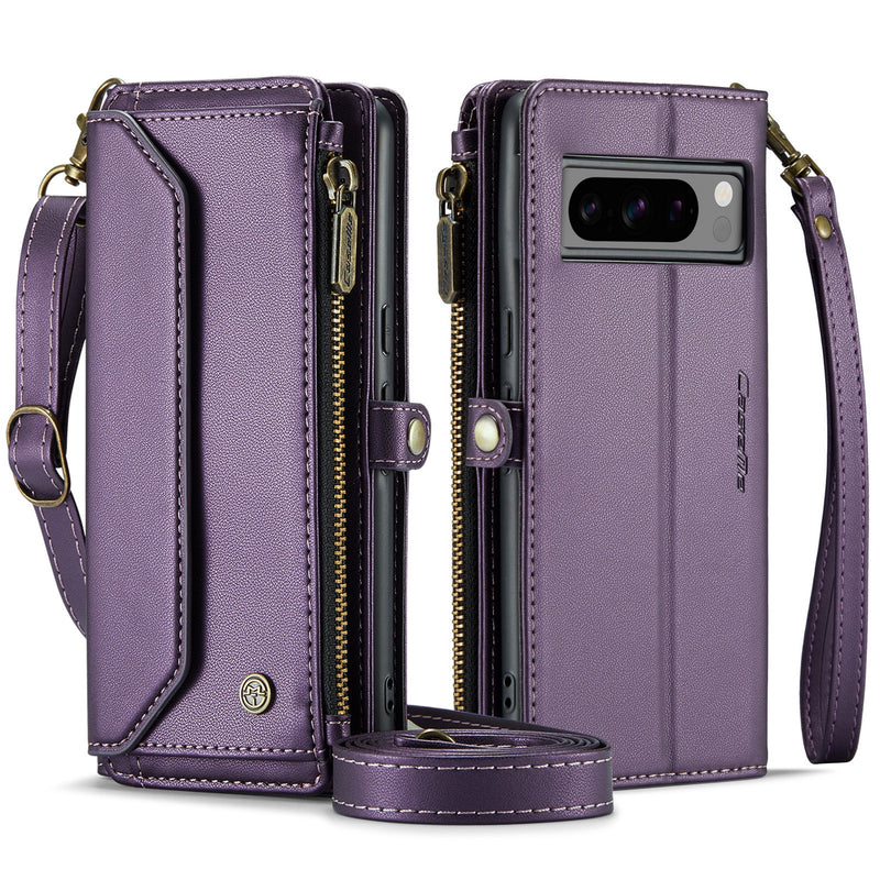 Load image into Gallery viewer, [Magsafe Compatible] Google Pixel 8/Pro - Zipper Style Crossbody PU Leather Wallet Series Stand Case With Lanyard
