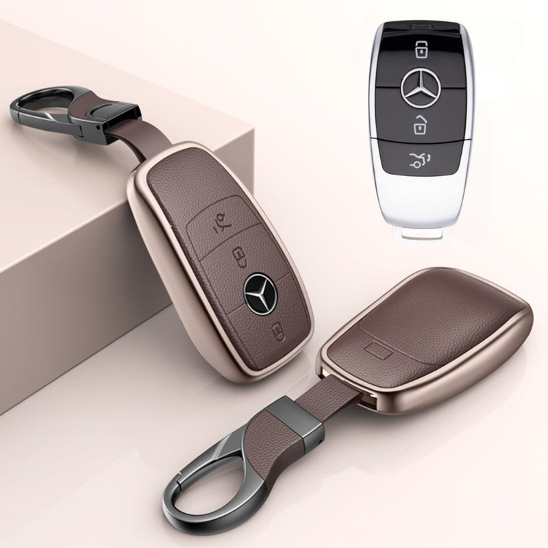 Load image into Gallery viewer, Mercedes Benz Aluminum Alloy Leather Key Protection Case For Benz A, C, E, S, G-Class, GLA, GLB, GLC, GLE, GLS, CLA, CLS, EQC
