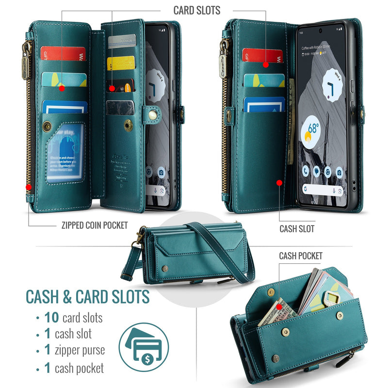 Load image into Gallery viewer, [Magsafe Compatible] Google Pixel 8/Pro - Zipper Style Crossbody PU Leather Wallet Series Stand Case With Lanyard
