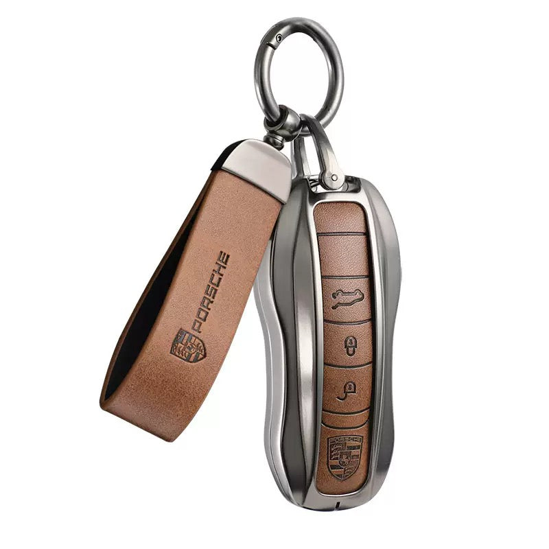Load image into Gallery viewer, Porsche Zinc Alloy PU Leathe Car Key Fob Case Cover For Cayenne, Panamera, Macan, 911, Taycan
