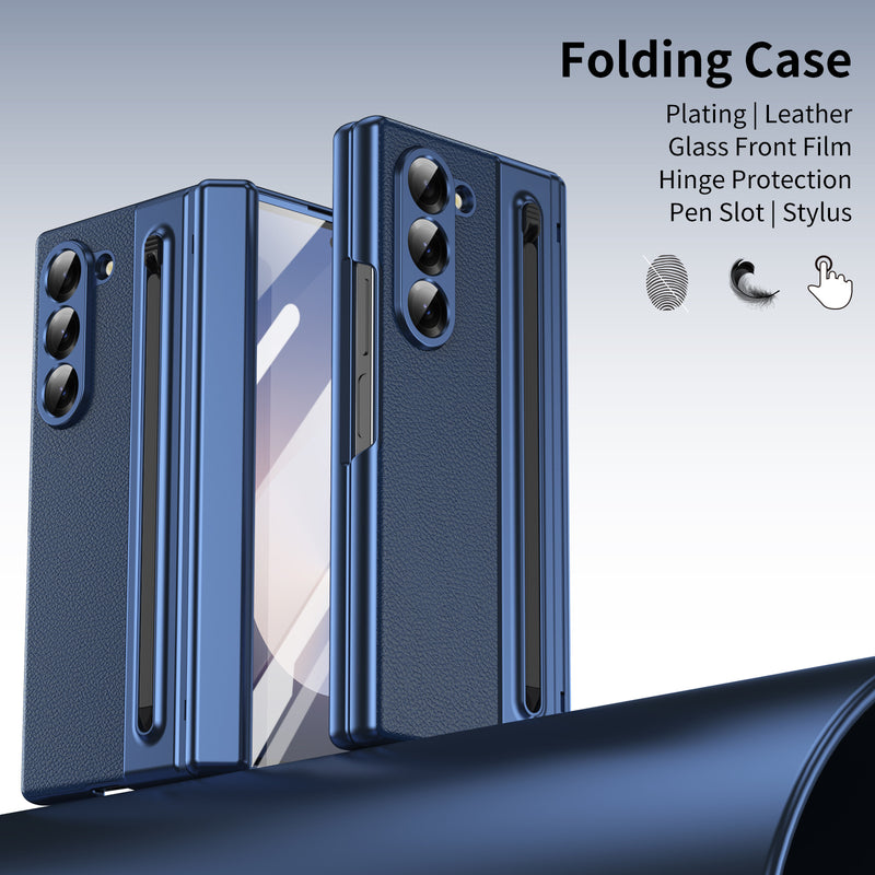 Load image into Gallery viewer, [Built-in Card Slot] Samsung Galaxy Z Fold7 Folding Electroplated PU Leather Case with Tempered Glass Screen Protector
