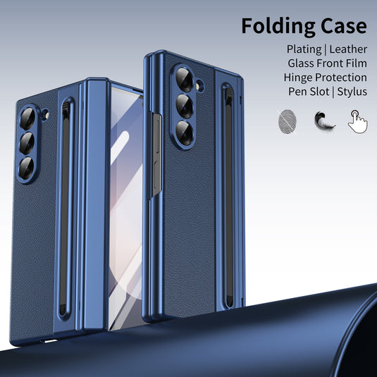 [Built-in Card Slot] Samsung Galaxy Z Fold7 Folding Electroplated PU Leather Case with Tempered Glass Screen Protector