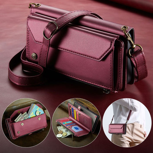 [With Card Slot] Samsung Galaxy S22/Plus/Ultra - Women Crossbody PU Leather Zipper Wallet Series Stand Case with Lanyard