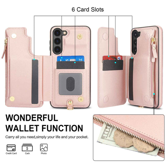 [With Card Slot] Samsung Galaxy S21/Plus/Ultra/FE - PU Leather RFID Blocking Wallet Series Stand Case With Long + Short Lanyard