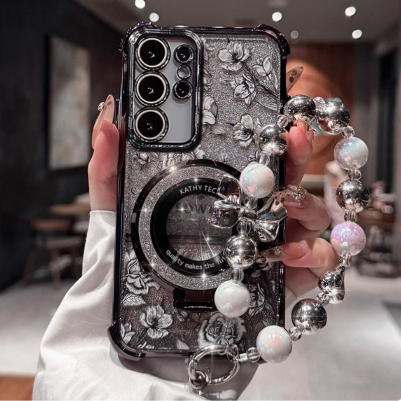 Load image into Gallery viewer, [Magsafe Compatible] Samsung Galaxy A05s (A057) - Fashion Flower Electroplated Frame Glitter Stand Case With Pearl Bracelet
