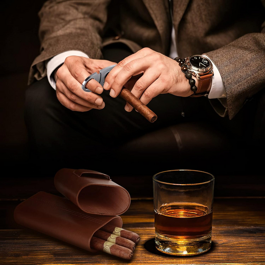 [Holds Up To 3 Cigars] Portable PU Leather Cigar Accessories & Humido