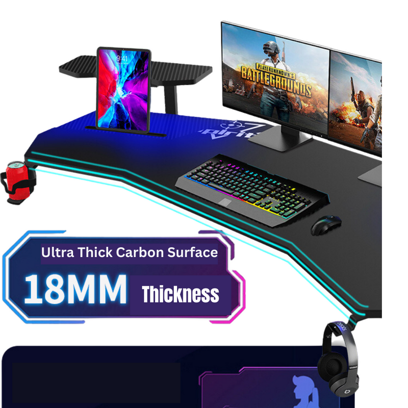 Load image into Gallery viewer, Ultra Wide Large Gaming Desk with RBG LED Lights Carbon Fiber Surface with Cup Holder &amp; Headphone Hook - Polar Tech Australia
