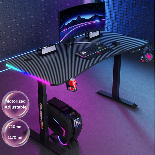 [Motorized Adjustable] Large Gaming Desk Table with RBG LED Lights Carbon Fiber Surface with Cup Holder & Headphone Hook - Polar Tech Australia