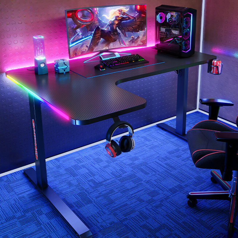 Load image into Gallery viewer, Large Left Corner Gaming Desk with RBG LED Lights Carbon Fiber Surface with Cup Holder &amp; Headphone Hook - Polar Tech Australia
