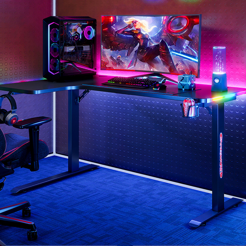 Load image into Gallery viewer, Large Left Corner Gaming Desk with RBG LED Lights Carbon Fiber Surface with Cup Holder &amp; Headphone Hook - Polar Tech Australia
