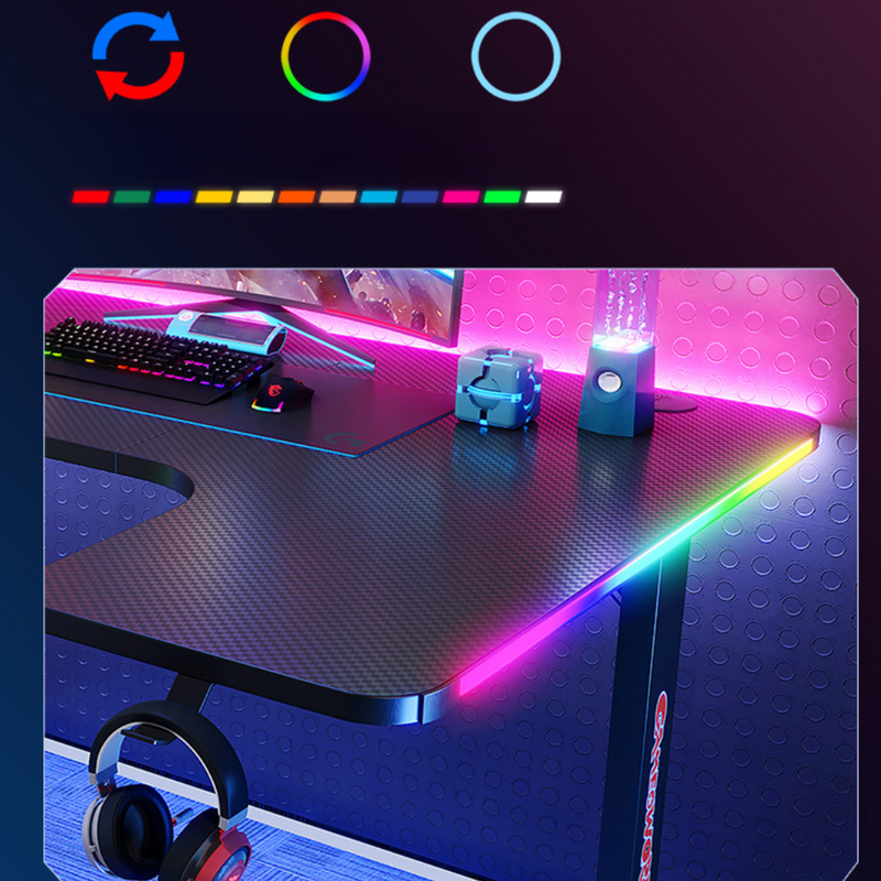 Load image into Gallery viewer, RGB LED Left Corner Gaming Desk Computer Home Office Writing Desk Racer Table Carbon Fiber Table with Cup Holder and Headphone Hook
