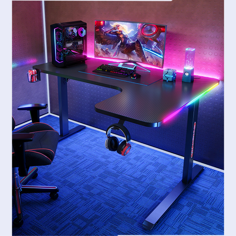 Load image into Gallery viewer, Large Right Corner Gaming Desk with RBG LED Lights Carbon Fiber Surface with Cup Holder &amp; Headphone Hook - Polar Tech Australia
