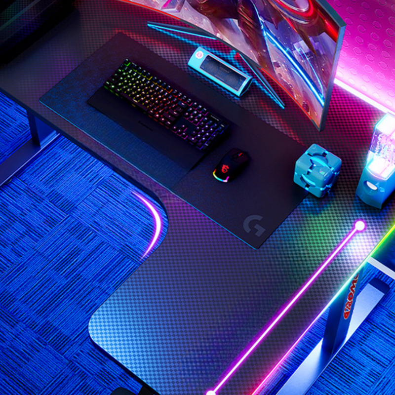 Load image into Gallery viewer, Large Right Corner Gaming Desk with RBG LED Lights Carbon Fiber Surface with Cup Holder &amp; Headphone Hook - Polar Tech Australia
