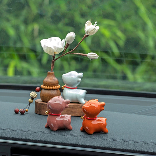 Pink Flower Ceramic Deer Walnut Wood Car Dashboard Ornament Car Interior Aroma Diffuser - i-Station Mobile Phone & Electronic Device Repair and Accessories