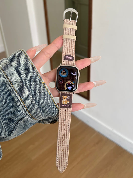 Apple Watch Series 1/2/3/4/5/6/SE/7/8/9/10/Ultra - Waffle Pattern Cartoon Animal Logo Leather Watch Band