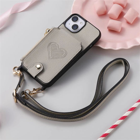 [With Card Slot][Car Magsafe Compatible] Apple iPhone 15/Plus/Pro/Max - Women Crossbody Zip Leather Wallet With Lanyard Drop proof Case