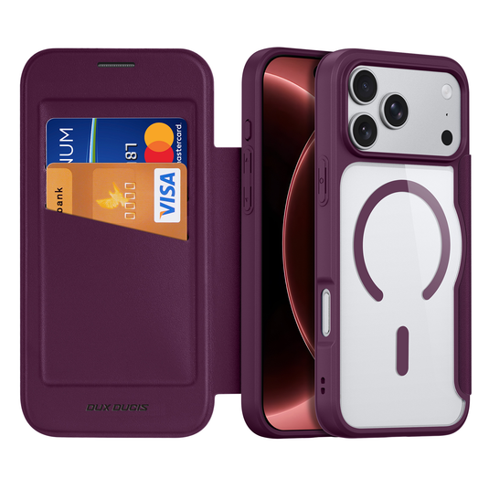 [With Card Slot][Magsafe Compatible] Apple iPhone 17 Pro / 18 Pro - Magnetic Catch Transparent Flip PU Leather Wallet Series Case