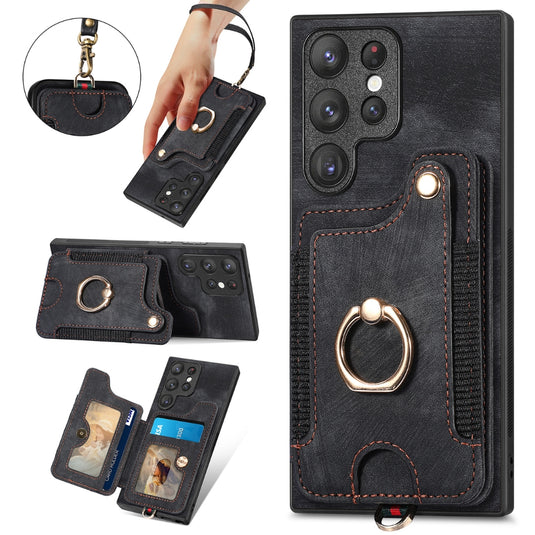 [With Card Slot] Samsung Galaxy S23/Plus/Ultra/FE - Anti-skimming PU Leather Stand Series Case With Leather Lanyard and Ring