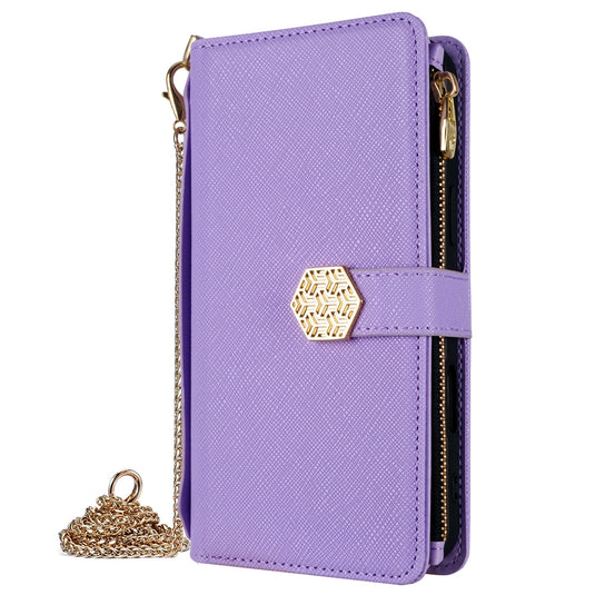 [With Card Slot] Motorola Moto Edge 50 5G - Women Crossbody Metal Clasp & Zipper Wallet Series Case With Hand Strap