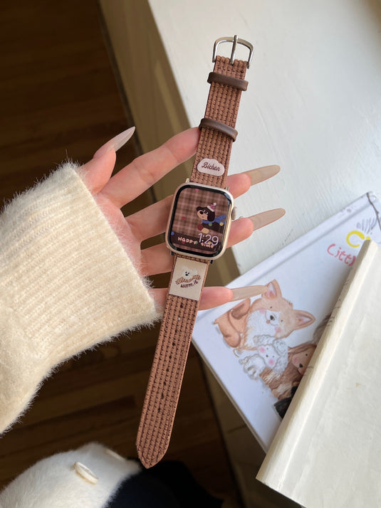 Apple Watch Series 1/2/3/4/5/6/SE/7/8/9/10/Ultra - Waffle Pattern Cartoon Animal Logo Leather Watch Band