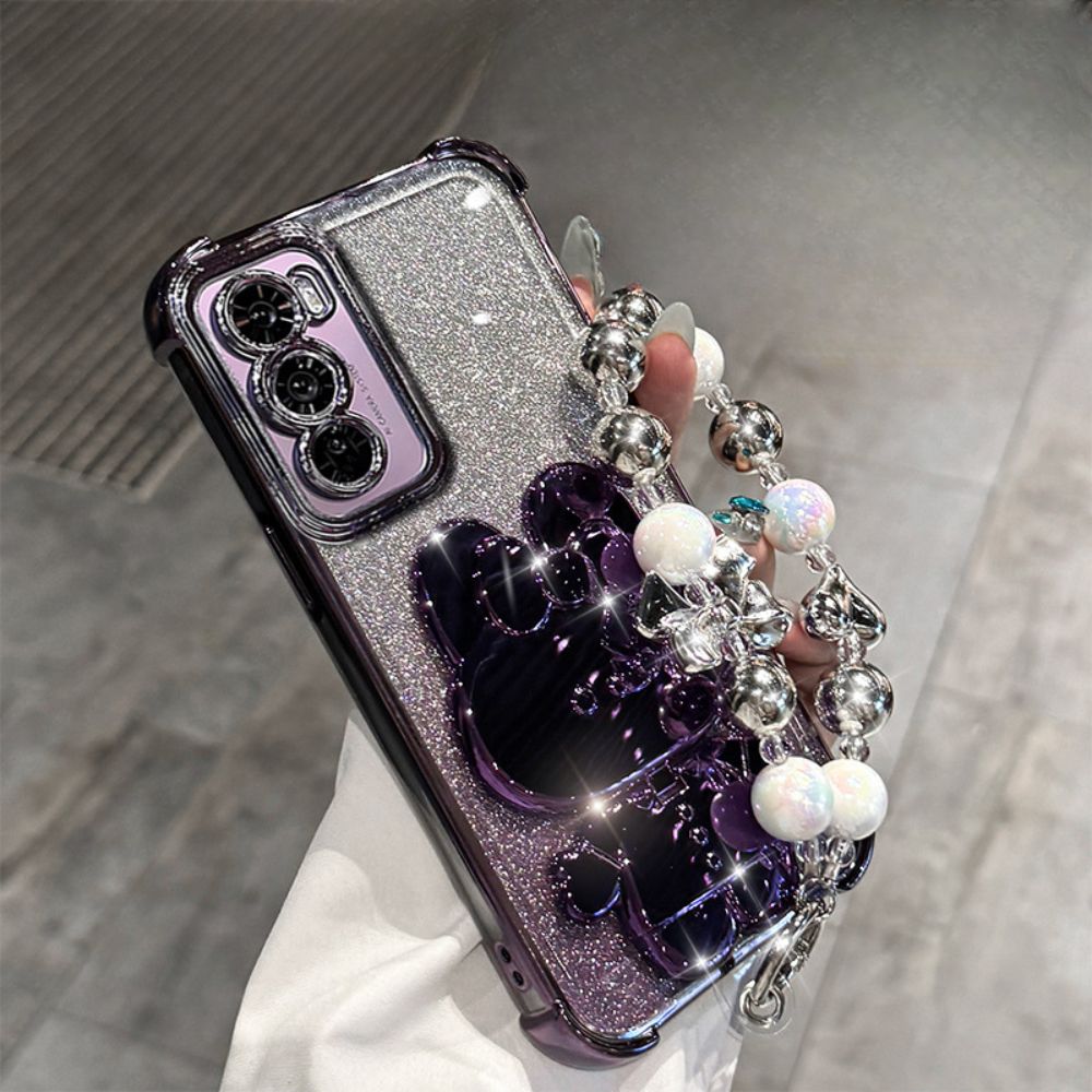 OPPO Reno 12 Pro 5G (CPH2629) - Rabbit Makeup Mirror Stand Series Case With Gradient Flash Card and Pearl Bracelet - i-Station Mobile Phone & Electronic Device Repair and Accessories