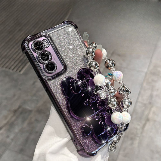 OPPO Reno 12 Pro 5G (CPH2629) - Rabbit Makeup Mirror Stand Series Case With Gradient Flash Card and Pearl Bracelet