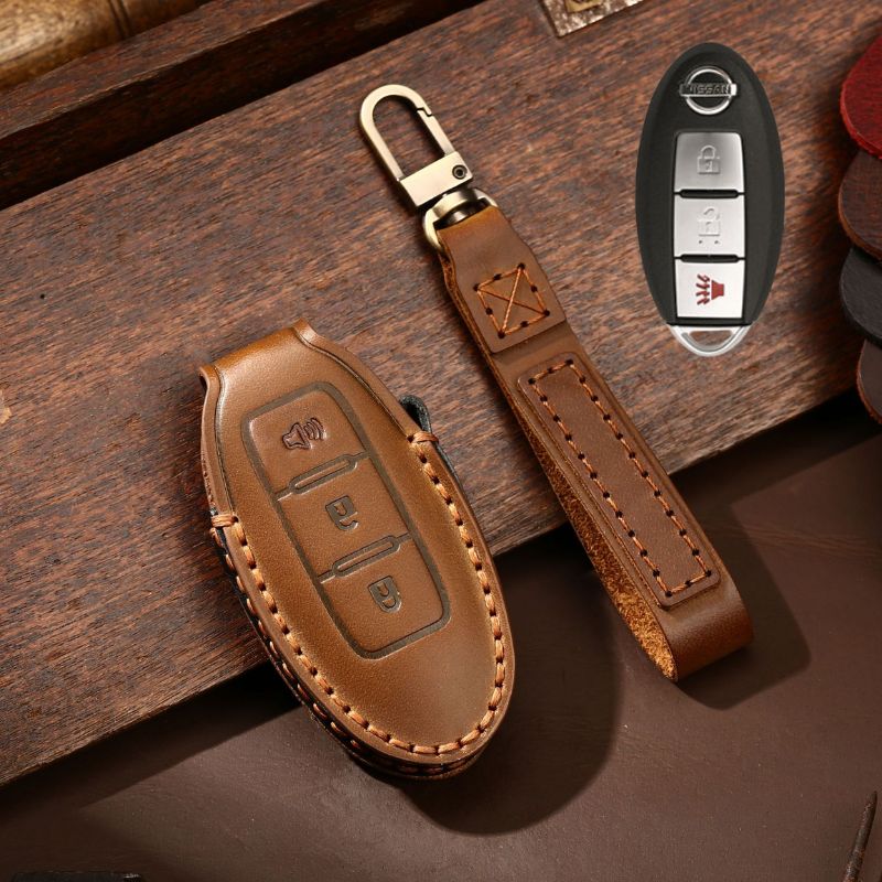 Load image into Gallery viewer, Nissan Handcrafted Genuine Leather Car Key Fob Case Cover For Altima, Rogue, Sentra, Pathfinder, Frontier, Maxima, Titan, Murano, Kicks, Juke, Qashqai, X-Trail
