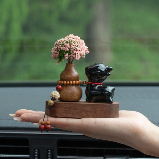Pink Flower Ceramic Deer Walnut Wood Car Dashboard Ornament Car Interior Aroma Diffuser - i-Station Mobile Phone & Electronic Device Repair and Accessories