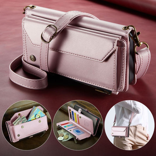 [With Card Slot] Samsung Galaxy S24/Plus/Ultra - Women Crossbody PU Leather Zipper Wallet Series Stand Case with Lanyard