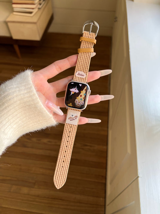 Apple Watch Series 1/2/3/4/5/6/SE/7/8/9/10/Ultra - Waffle Pattern Cartoon Animal Logo Leather Watch Band