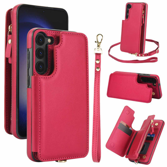 [With Card Slot] Samsung Galaxy S21/Plus/Ultra/FE - PU Leather RFID Blocking Wallet Series Stand Case With Long + Short Lanyard