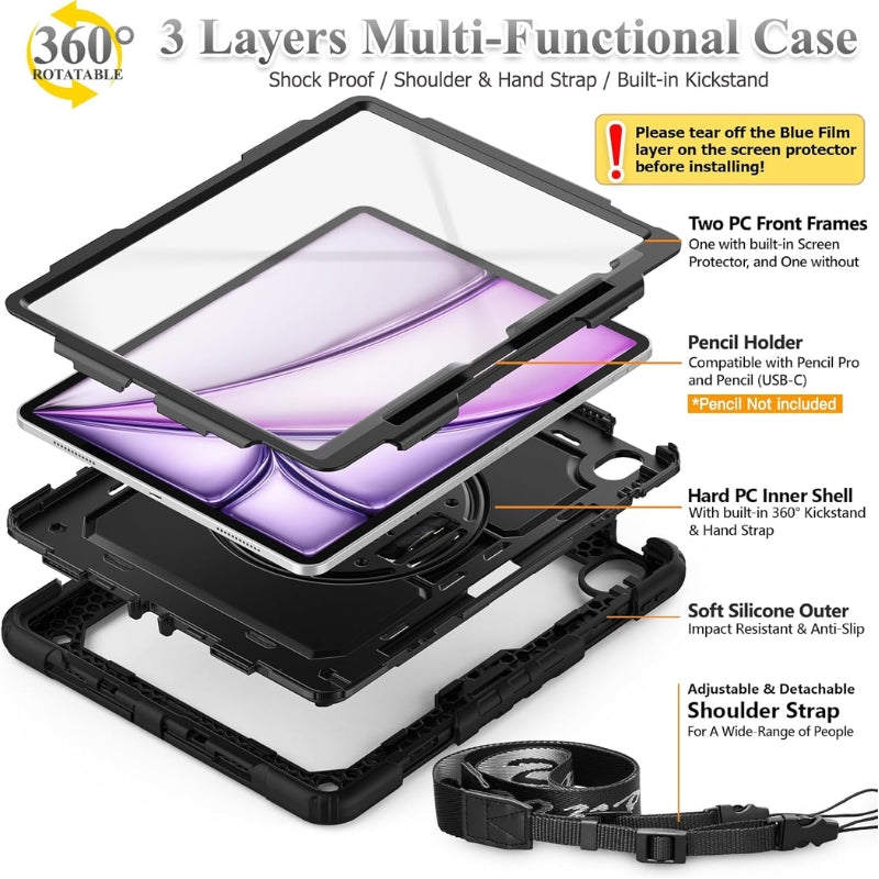 Load image into Gallery viewer, [Built-in 360° Rotating Hand Strap &amp; Stand] Apple Ipad Air 13&quot; 6th Gen M2 Chip 2024 Shockproof with Screen Protector Pencil Holder Heavy Duty Series Case
