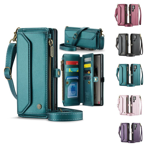 [With Card Slot] Samsung Galaxy S24/Plus/Ultra - Women Crossbody PU Leather Zipper Wallet Series Stand Case with Lanyard