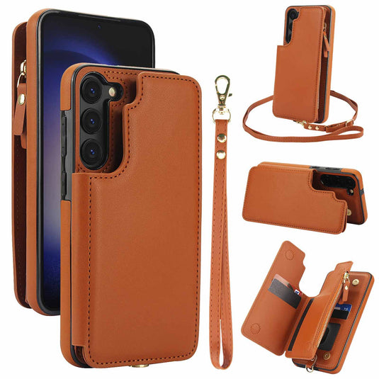 [With Card Slot] Samsung Galaxy S21/Plus/Ultra/FE - PU Leather RFID Blocking Wallet Series Stand Case With Long + Short Lanyard