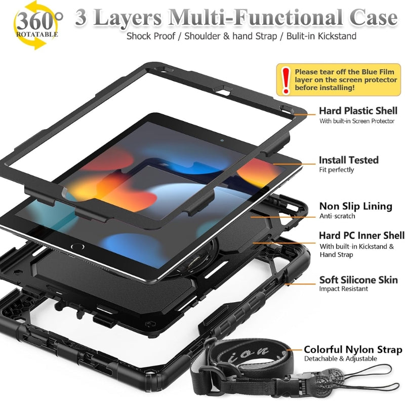 Load image into Gallery viewer, [Built-in 360° Rotating Hand Strap &amp; Stand] Apple iPad 10.2 Inch 9th/ 8th/ 7th Gen 2021/2020/2019 Shockproof with Screen Protector Pencil Holder Heavy Duty Series Case
