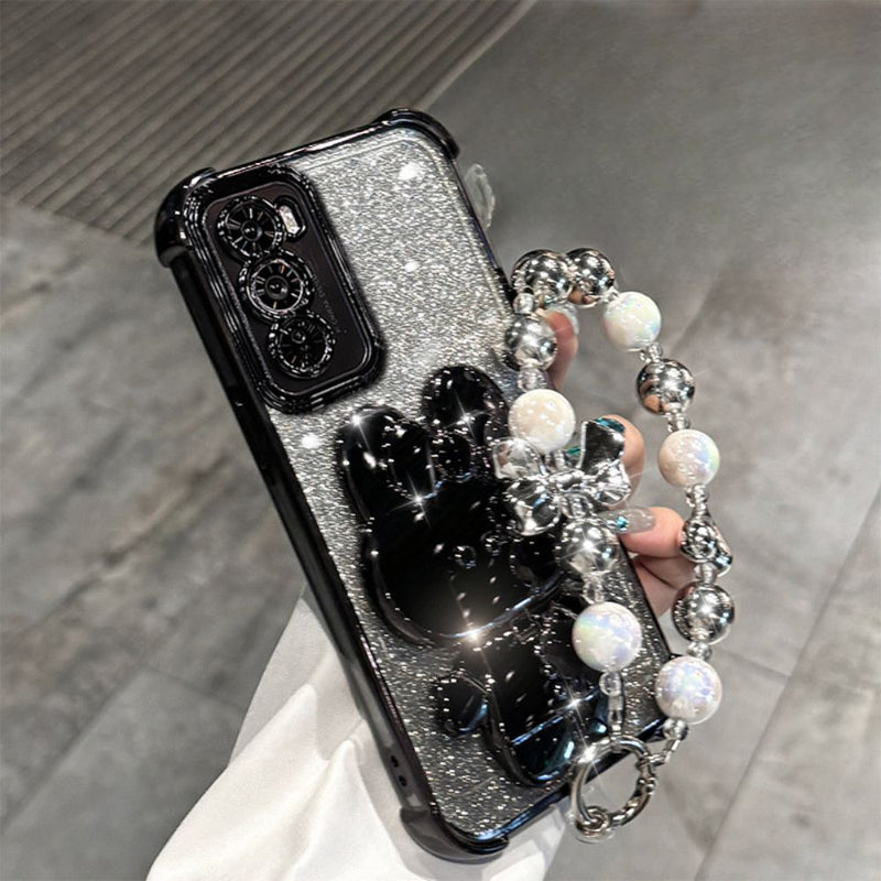 Load image into Gallery viewer, OPPO Reno 12 Pro 5G (CPH2629) - Rabbit Makeup Mirror Stand Series Case With Gradient Flash Card and Pearl Bracelet
