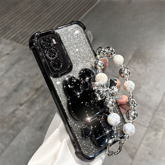 OPPO Reno 12 Pro 5G (CPH2629) - Rabbit Makeup Mirror Stand Series Case With Gradient Flash Card and Pearl Bracelet