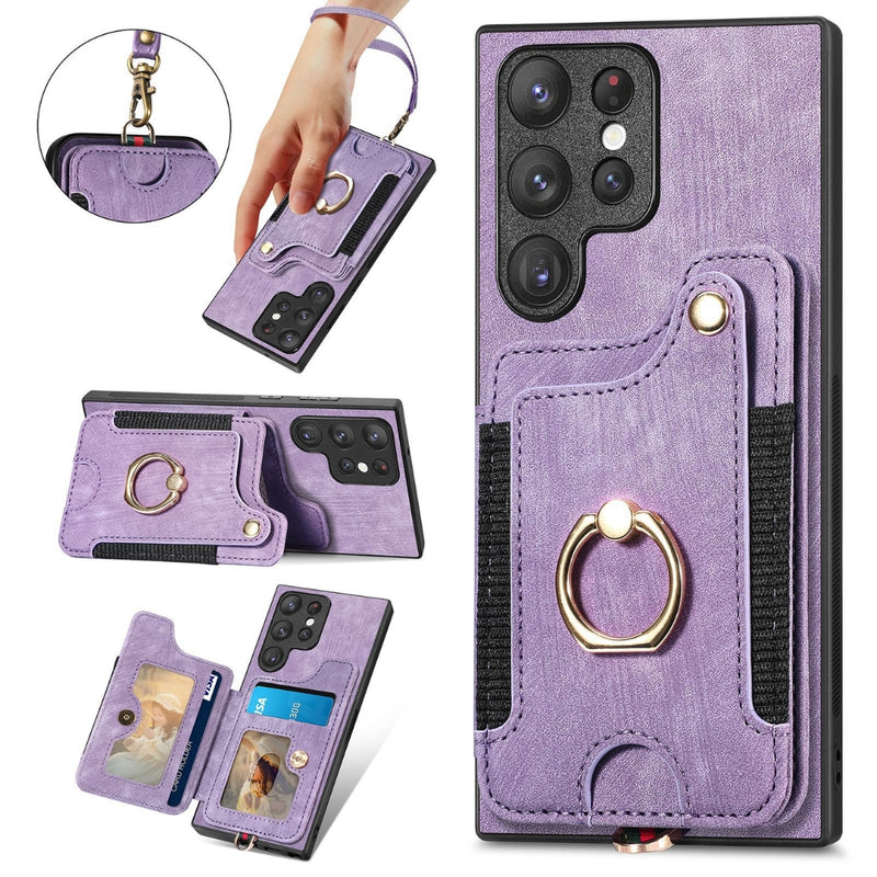 Load image into Gallery viewer, [With Card Slot] Samsung Galaxy S24/Plus/Ultra - Anti-skimming PU Leather Stand Series Case With Leather Lanyard and Ring
