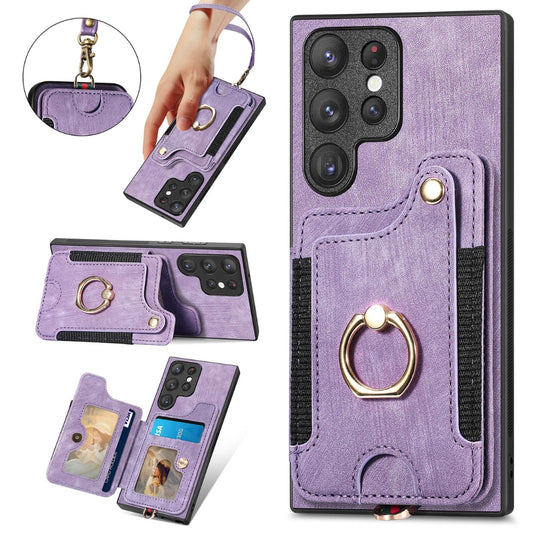 [With Card Slot] Samsung Galaxy S21/Plus/Ultra/FE - Anti-skimming PU Leather Stand Series Case With Leather Lanyard and Ring