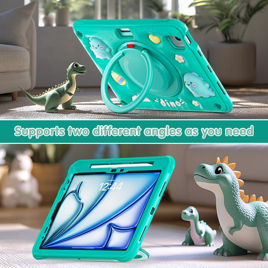 Apple iPad Air 6 11.0" (2024) - Kid Friendly Green Cartoon Dragon Heavy Duty Stand Series Case With 360° Rotating Handle Grip