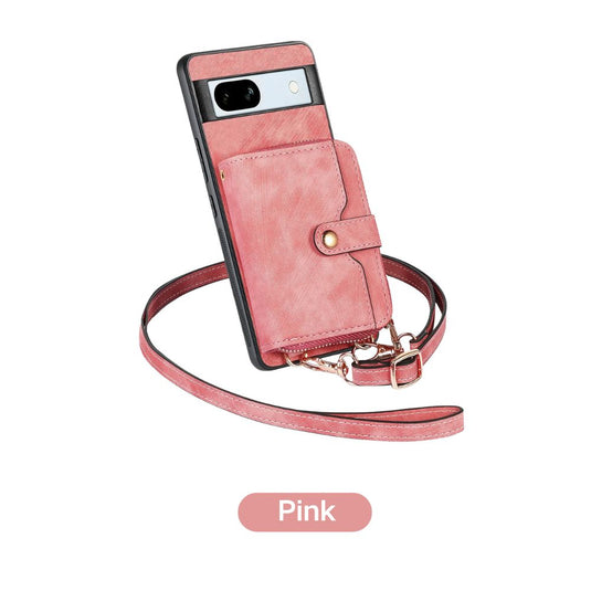 [With Card Slot] Google Pixel 7/7A/7 Pro - Women Crossbody Zip PU Leather Wallet With Lanyard Drop proof Case