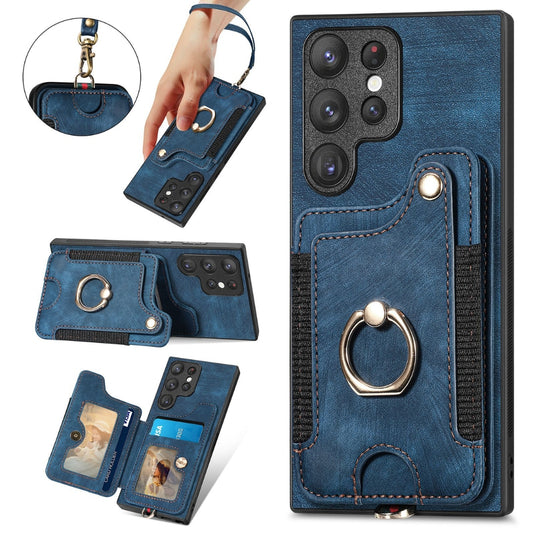 [With Card Slot] Samsung Galaxy S23/Plus/Ultra/FE - Anti-skimming PU Leather Stand Series Case With Leather Lanyard and Ring