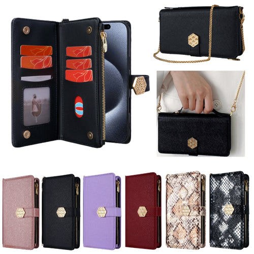 [With Card Slot] Motorola Moto G Stylus 5G (2024) - Women Crossbody Metal Clasp & Zipper Wallet Series Case With Hand Strap